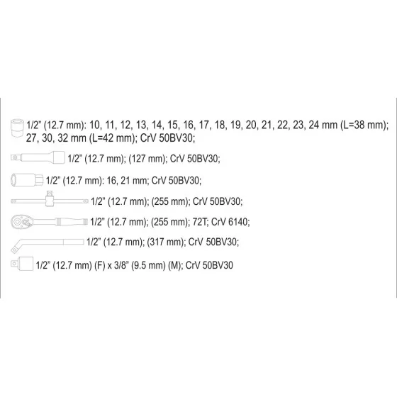 ZESTAW NARZĘDZIOWY 1/2'' 25 CZĘŚCI L - YT-38741.