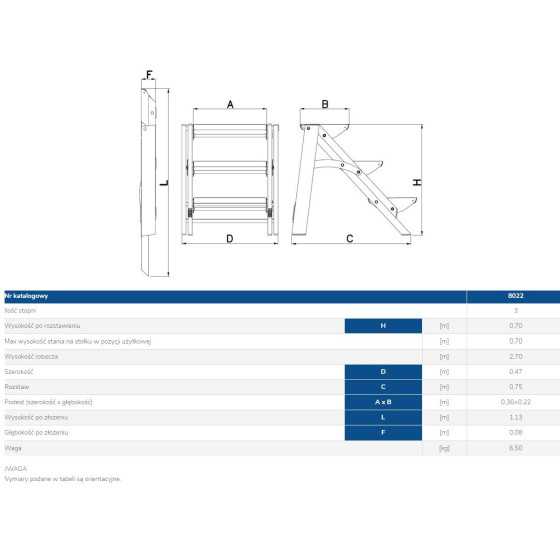 SCHODKI SKŁADANE 70CM 3 STOPNIE - 8022.