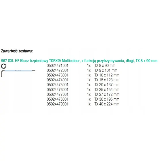 ZESTAW KLUCZY TRZPIENIOWYCH TORX 967/9 TX XL MULTIC TX8-TX40 - 05024470001.