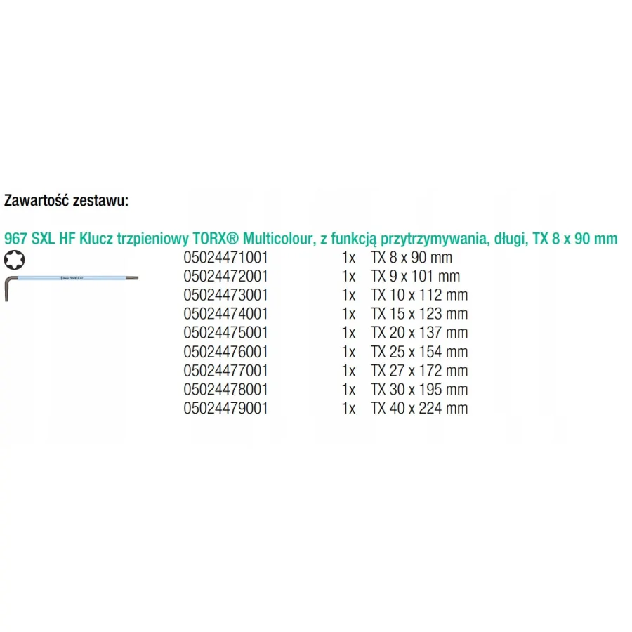 ZESTAW KLUCZY TRZPIENIOWYCH TORX 967/9 TX XL MULTIC TX8-TX40 - 05024470001.