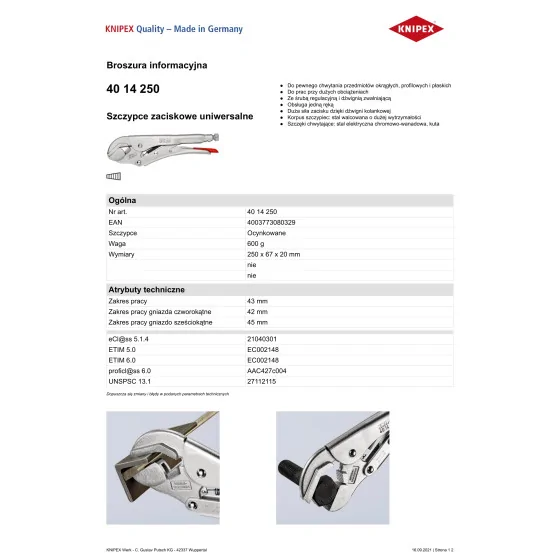 SZCZYPCE ZACISKOWE UNIWERSALNE 250MM - 40 14 250.