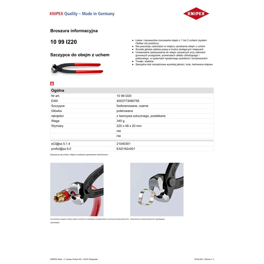 SZCZYPCE DO MONTAŻU OPASEK ZACISKOWYCH OETIKER 220MM - 10 99 I220.