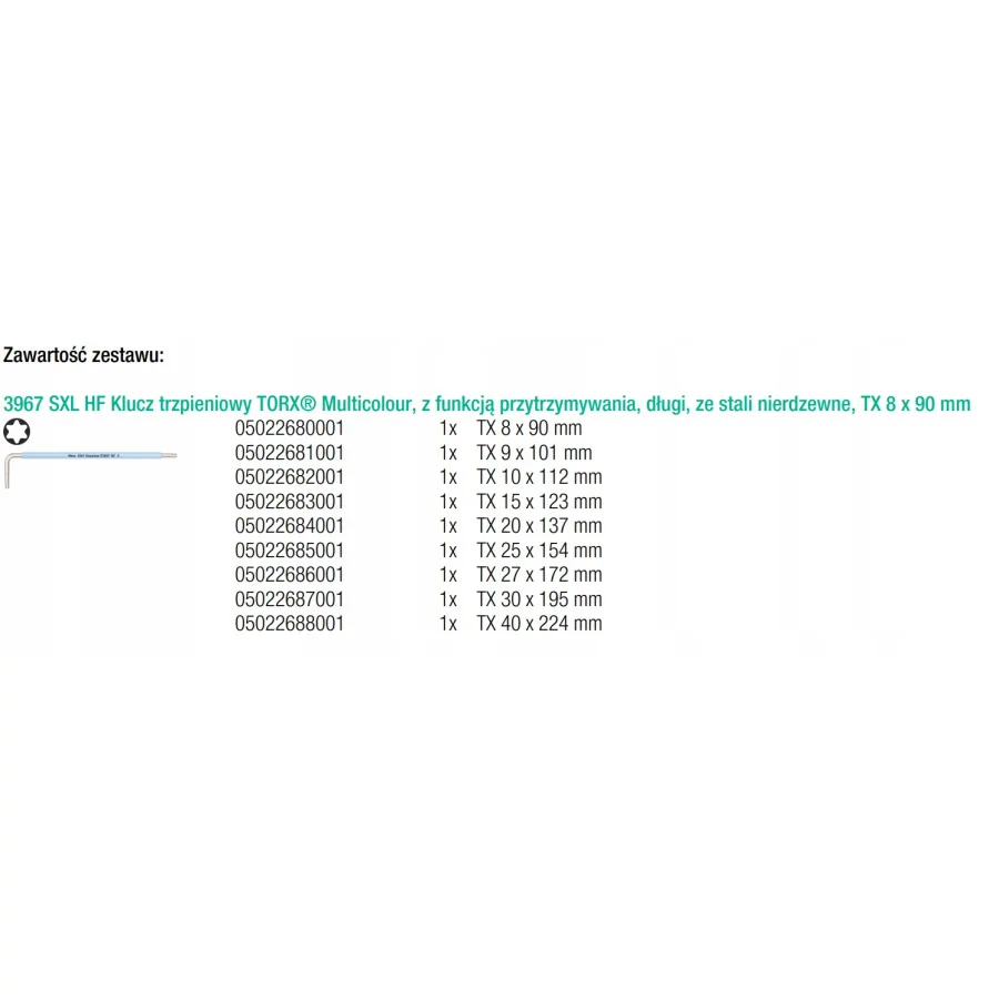 ZESTAW KLUCZY TRZPIENIOWYCH TORX 3967/9 TX SXL MULTICOLOUR - 05022689001.