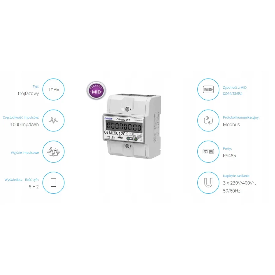 3-FAZOWY LICZNIK ENERGII ELEKTRYCZNEJ 80A RS485 MID - OR-WE-517.