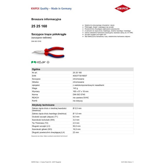 SZCZYPCE TNĄCE PÓŁOKRĄGŁE 160MM - 25 25 160.