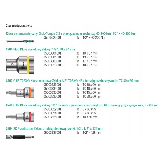 KLUCZ DYNAMOMETRYCZNY CLICK-TORQUE 1/2'' 40-200NM, 13CZĘŚCI - 05075680001.