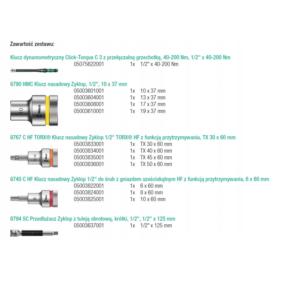 KLUCZ DYNAMOMETRYCZNY CLICK-TORQUE 1/2'' 40-200NM, 13CZĘŚCI - 05075680001.