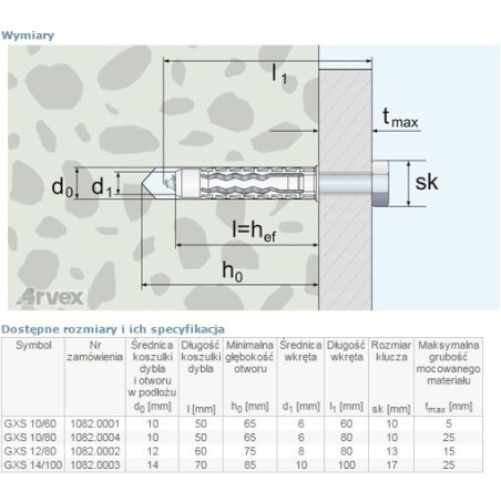 DYBEL UNIVERSALNY WKRĘT ŁEB SZEŚCIOKĄTNY GXS 12/80MM 