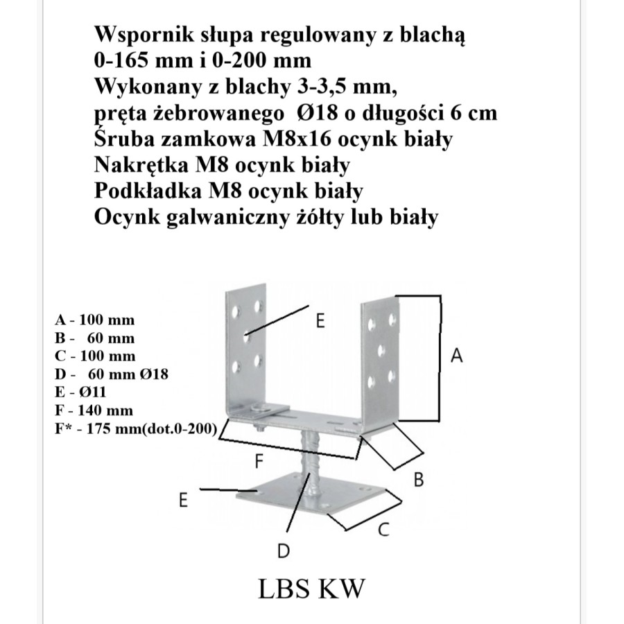 PODSTAWA SŁUPA REGULOWANA 0-165MM NA KWADRAT, OCYNK ŻÓŁTY 