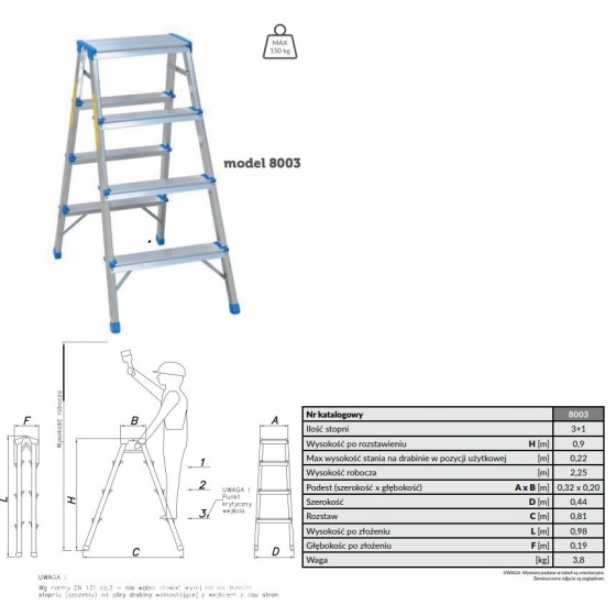 DRABINA ALUMINIOWA DWUSTRONNA 90CM 3 STOPNIE + PODEST - 8003.