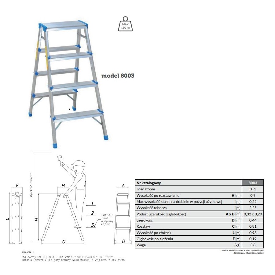 DRABINA ALUMINIOWA DWUSTRONNA 90CM 3 STOPNIE + PODEST - 8003.