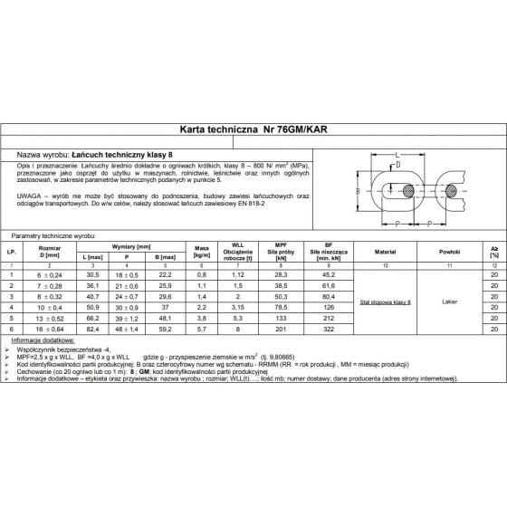 ŁAŃCUCH TECHNICZNY CZARNY 8MM G8 WLL 2T 