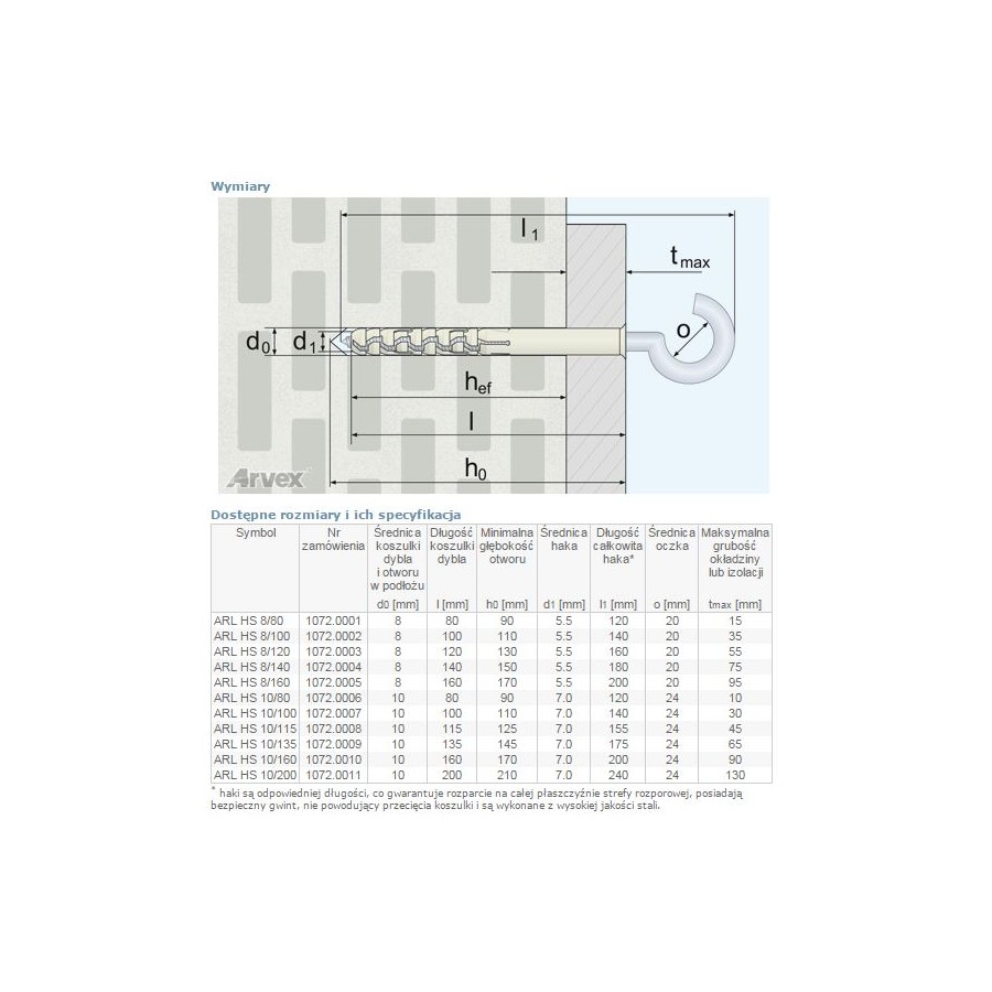 DYBEL RAMOWY Z HAKIEM SUFITOWYM ARL 10/160MM 