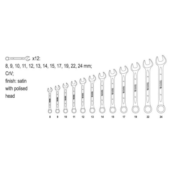 KOMPLET KLUCZY PŁASKO-OCZKOWYCH 12-CZĘŚCI 8-24MM POLEROWANE - YT-0362.