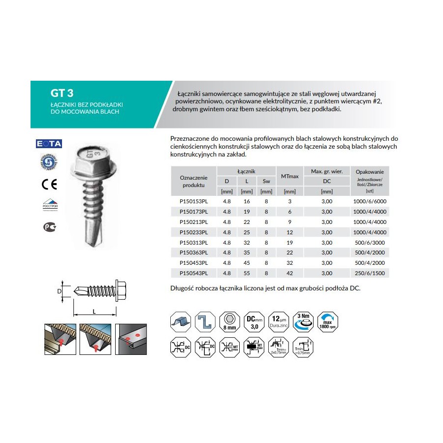 WKRĘT SAMOWIERCĄCY GT3 4.8*19MM RAL9005 