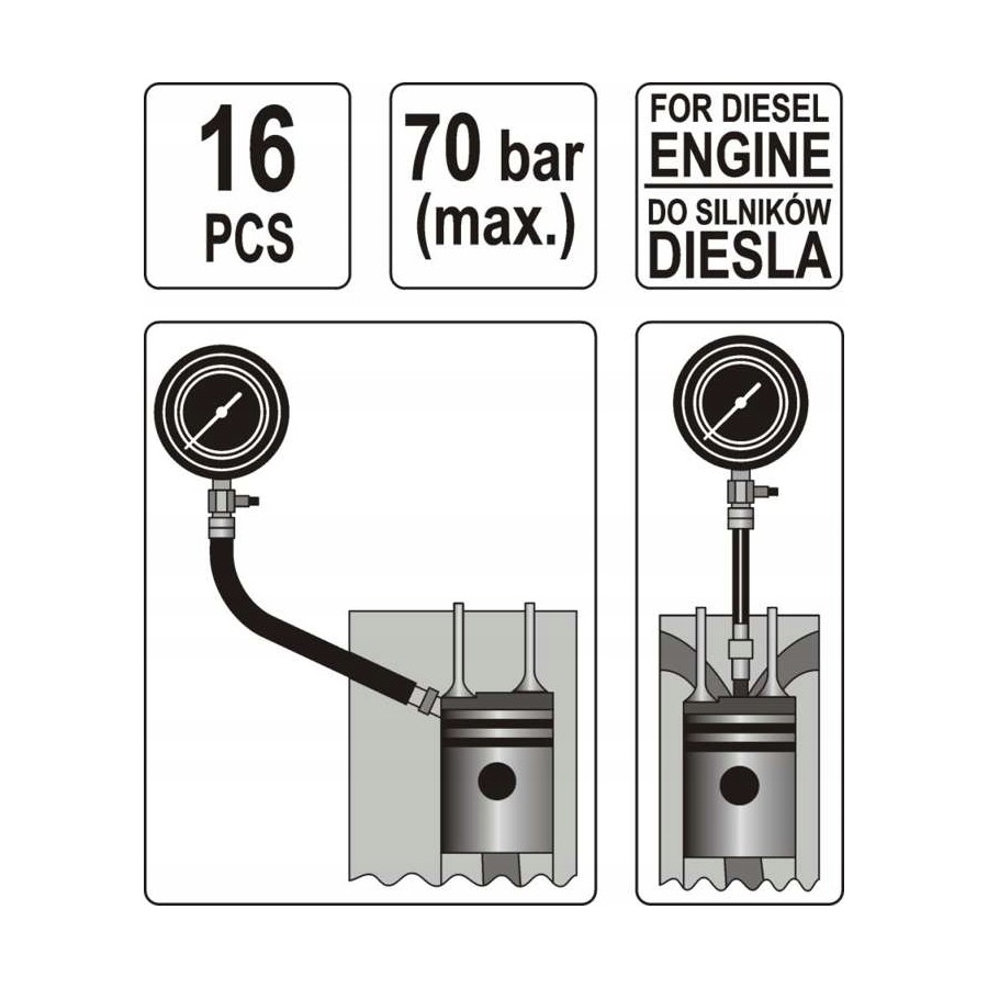 MIERNIK CIŚNIENIA SPRĘŻANIA DIESEL 16 CZĘŚCI - YT-7307.