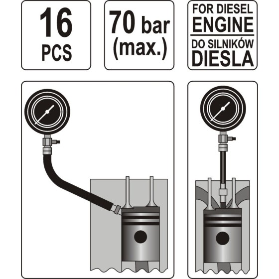 MIERNIK CIŚNIENIA SPRĘŻANIA DIESEL 16 CZĘŚCI - YT-7307.