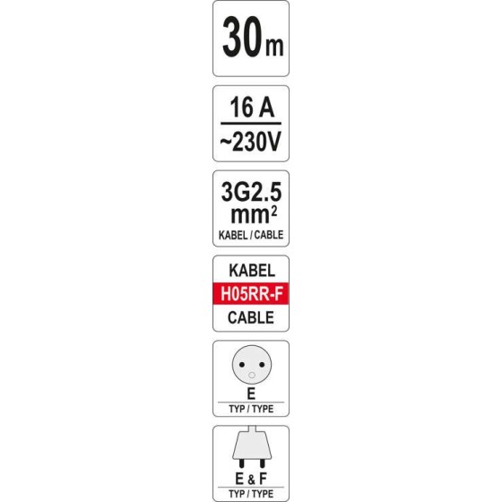 PRZEDŁUŻACZ BĘBNOWY 30M 4 GNIAZDA 3*2.5MM2 - YT-8106.