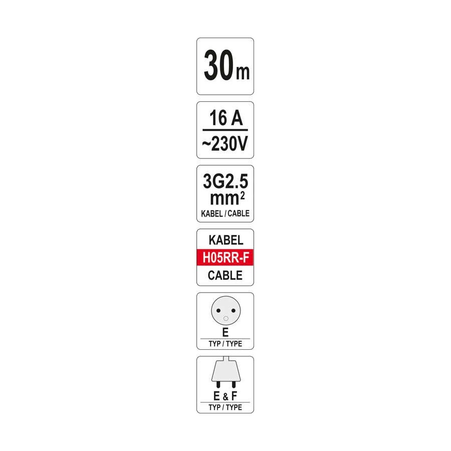 PRZEDŁUŻACZ BĘBNOWY 30M 4 GNIAZDA 3*2.5MM2 - YT-8106.