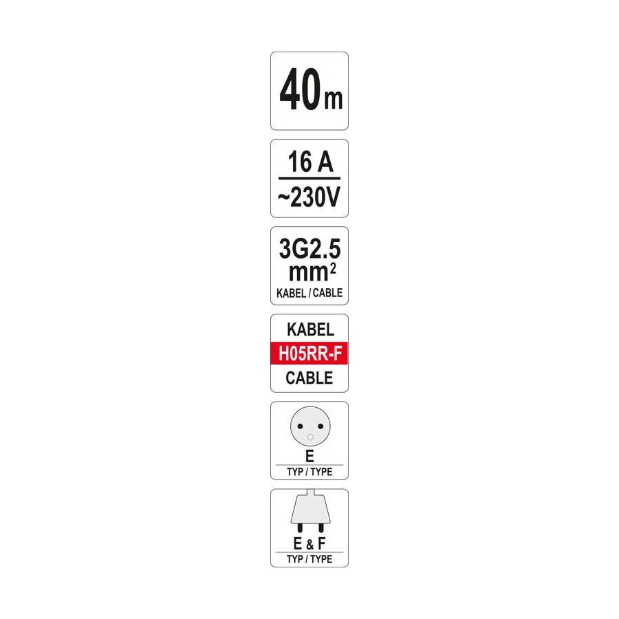 PRZEDŁUŻACZ BĘBNOWY 40M 4 GNIAZDA 3*2.5MM2 - YT-8107.