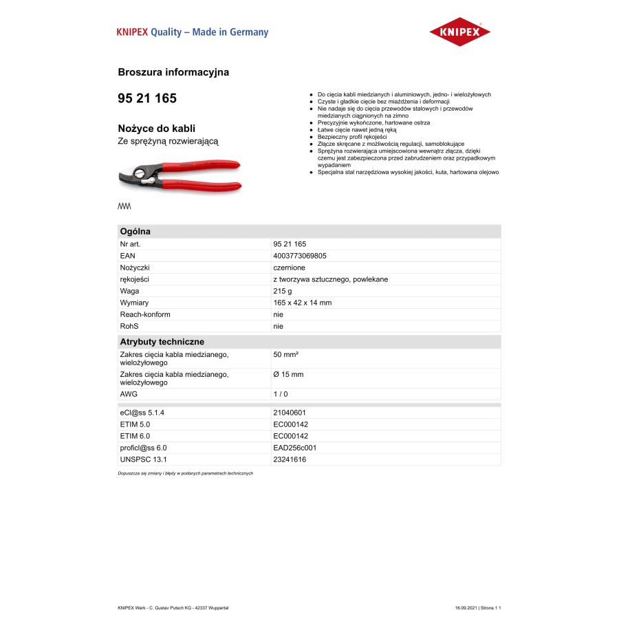 NOŻYCE DO KABLI ZE SPRĘŻYNĄ ROZWIERAJĄCĄ 165MM - 95 21 165.