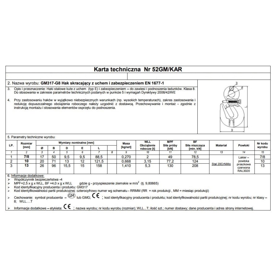 HAK SKRACAJĄCY Z UCHEM I ZABEZPIECZENIEM 13MM G8 WLL5.3T 