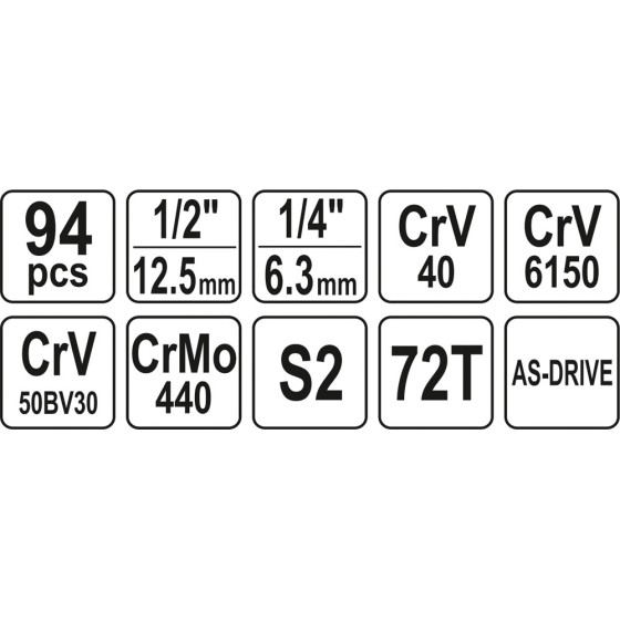 ZESTAW NARZĘDZIOWY 1/2'' 94 CZĘŚCI L - YT-12681.