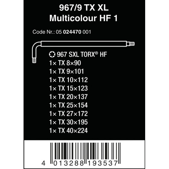 ZESTAW KLUCZY TRZPIENIOWYCH TORX 967/9 TX XL MULTIC TX8-TX40 - 05024470001.