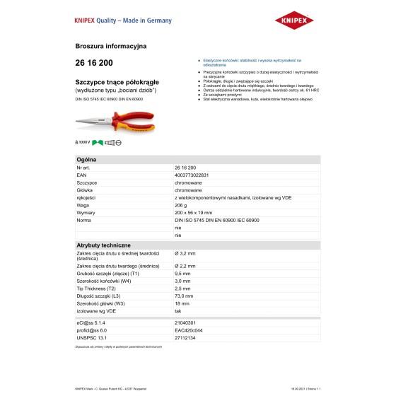 SZCZYPCE TNĄCE PÓŁOKRĄGŁE IZOLOWANE 200MM - 26 16 200.