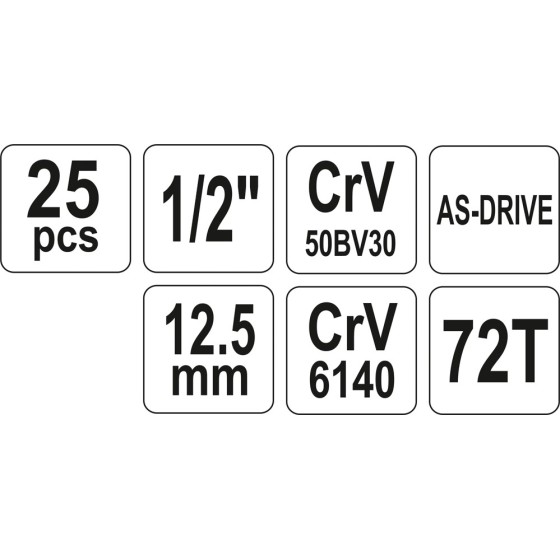 ZESTAW NARZĘDZIOWY 25 CZĘŚCI 1/2'' - YT-12671.