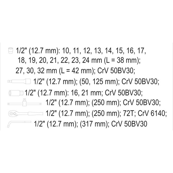 ZESTAW NARZĘDZIOWY 25 CZĘŚCI 1/2'' - YT-12671.