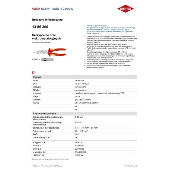 SZCZYPCE DO PRAC ELEKTROINSTALACYJNYCH IZOLOWANE 200MM - 13 86 200.