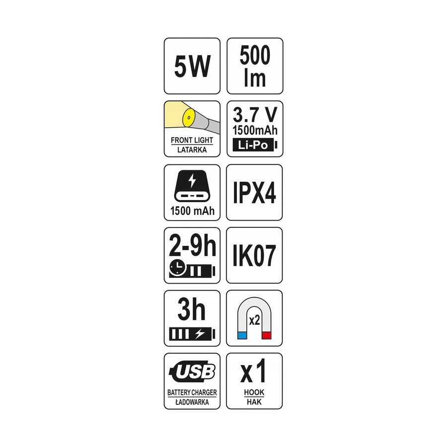 LATARKA ROBOCZA 500LM, LI-PO 3,7V 1500MAH - YT-08556.