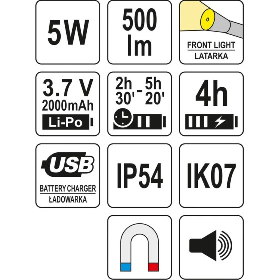 LATARKA ROBOCZA 500LM, LI-PO 3,7V 2000MAH, 3W1 - YT-08557.