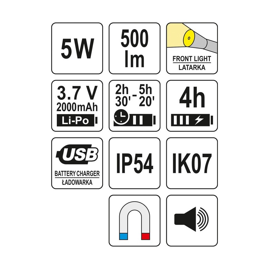 LATARKA ROBOCZA 500LM, LI-PO 3,7V 2000MAH, 3W1 - YT-08557.