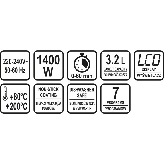 FRYTKOWNICA BEZTŁUSZCZOWA 1400W, 3.2L. PANEL LED - 67572.