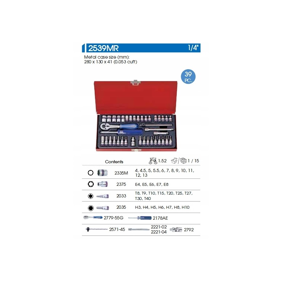 KOMPLET NASADEK 1/4 6-KĄTNE 39 SZTUK 4-13MM Z AKCESORIAMI - 2539MR.