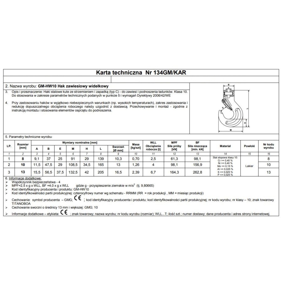 HAK ZAWIESIOWY SWORZNIOWY Z ZABEZPIECZENIEM G10 10MM WLL 