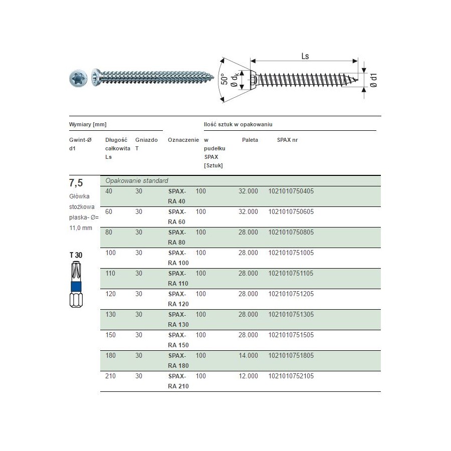 WKRĘT DO RAM 7.5*100MM T-STAR PUS SPAX 