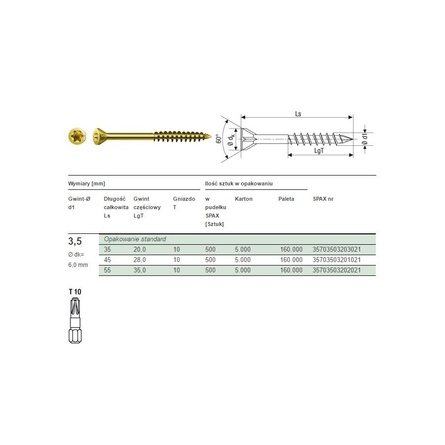 WKRĘT DO PODŁÓG/DESEK OCYNK ŻÓŁTY TX 3.5*35MM SPAX 