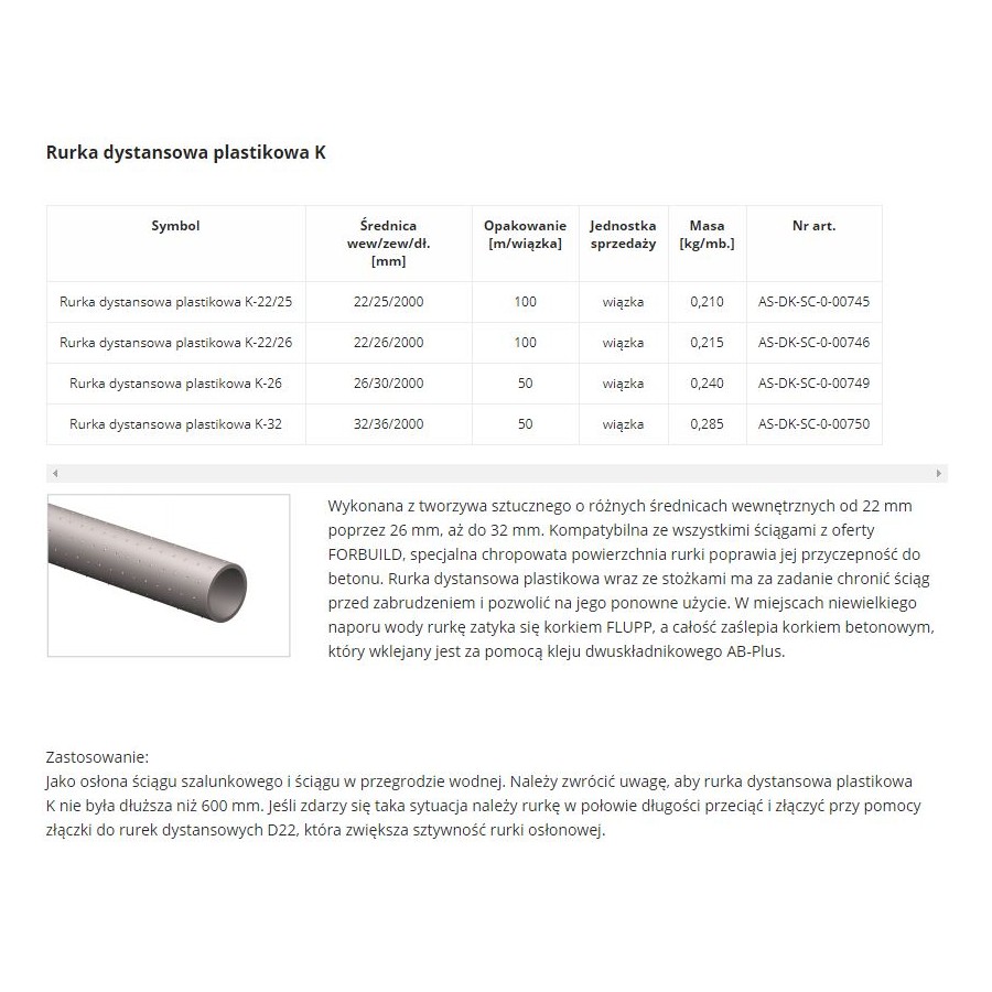 RURKA DYSTANSOWA PLASTIKOWA K-22/25 2000MM 