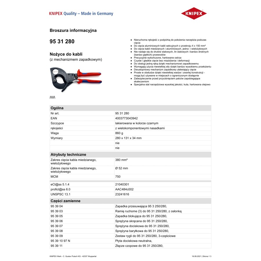 NOŻYCE DO KABLI 280MM, MECHANIZM ZAPADKOWY 