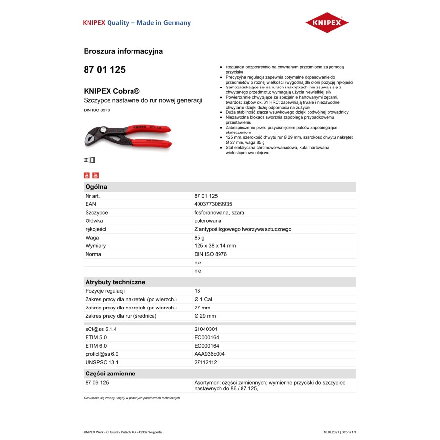 SZCZYPCE DO RUR COBRA 125MM - 87 01 125.