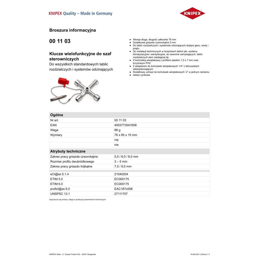 KLUCZE WIELOFUNKCYJNE DŁUGIE DO SZAF STEROWNICZYCH TWINKEY - 00 11 03.