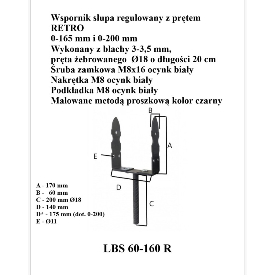 PODSTAWA SŁUPA REGULOWANA 0-165MM NA PRĘT RETRO 