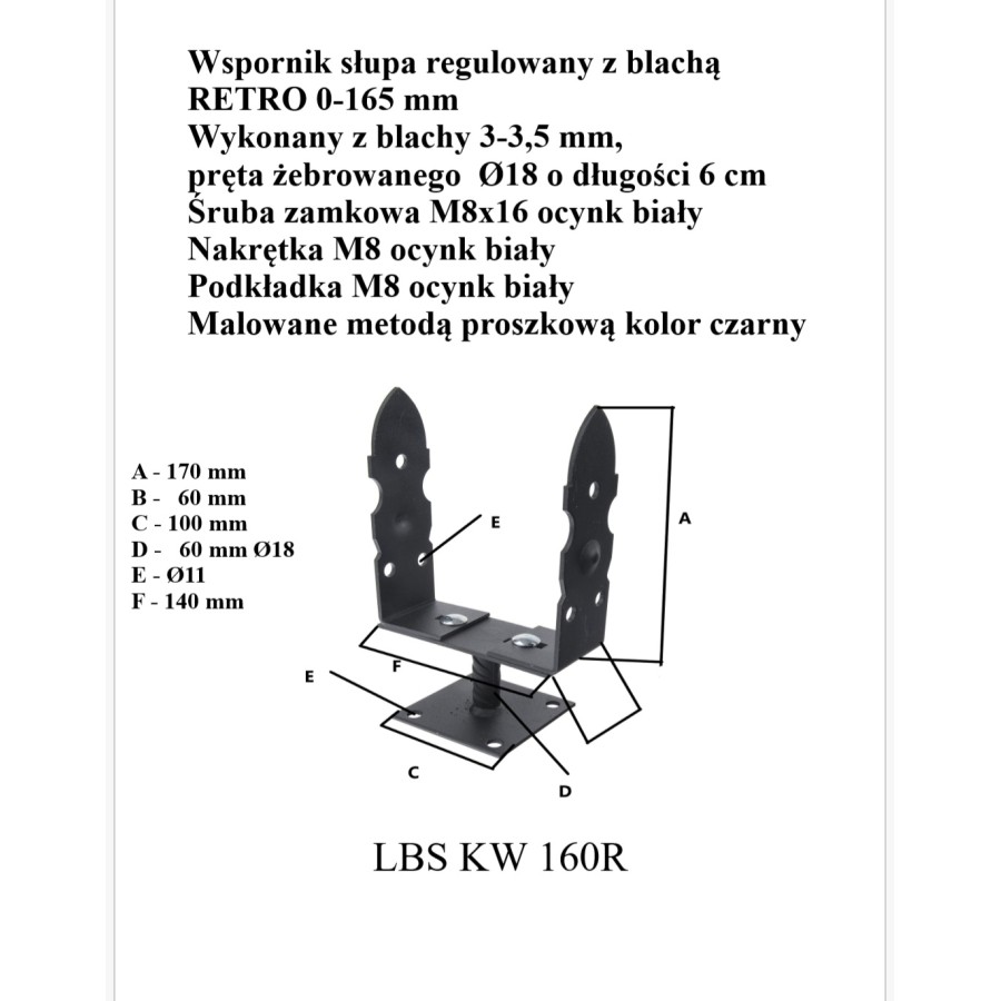 PODSTAWA SŁUPA REGULOWANA 0-165MM NA KWADRAT RETRO 