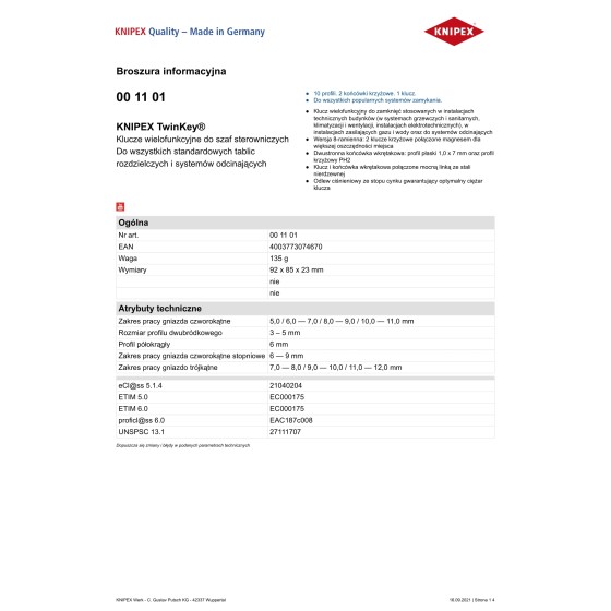 KLUCZE WIELOFUNKCYJNE DO SZAF STEROWNICZYCH TWINKEY - 00 11 01.