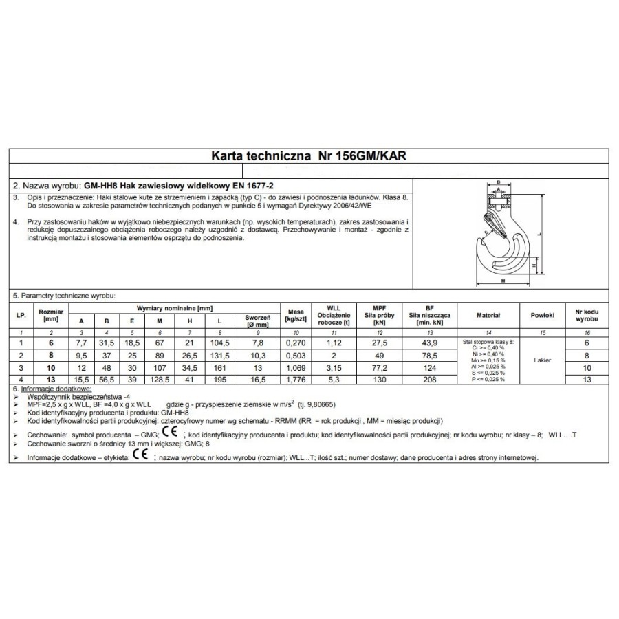 HAK ZAWIESIOWY WIDEŁKOWY Z ZABEZPIECZENIEM G8 6MM WLL1.12T 