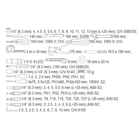 ZESTAW NARZĘDZI DLA ELEKTRYKÓW 68 CZĘŚCI - YT-39009.