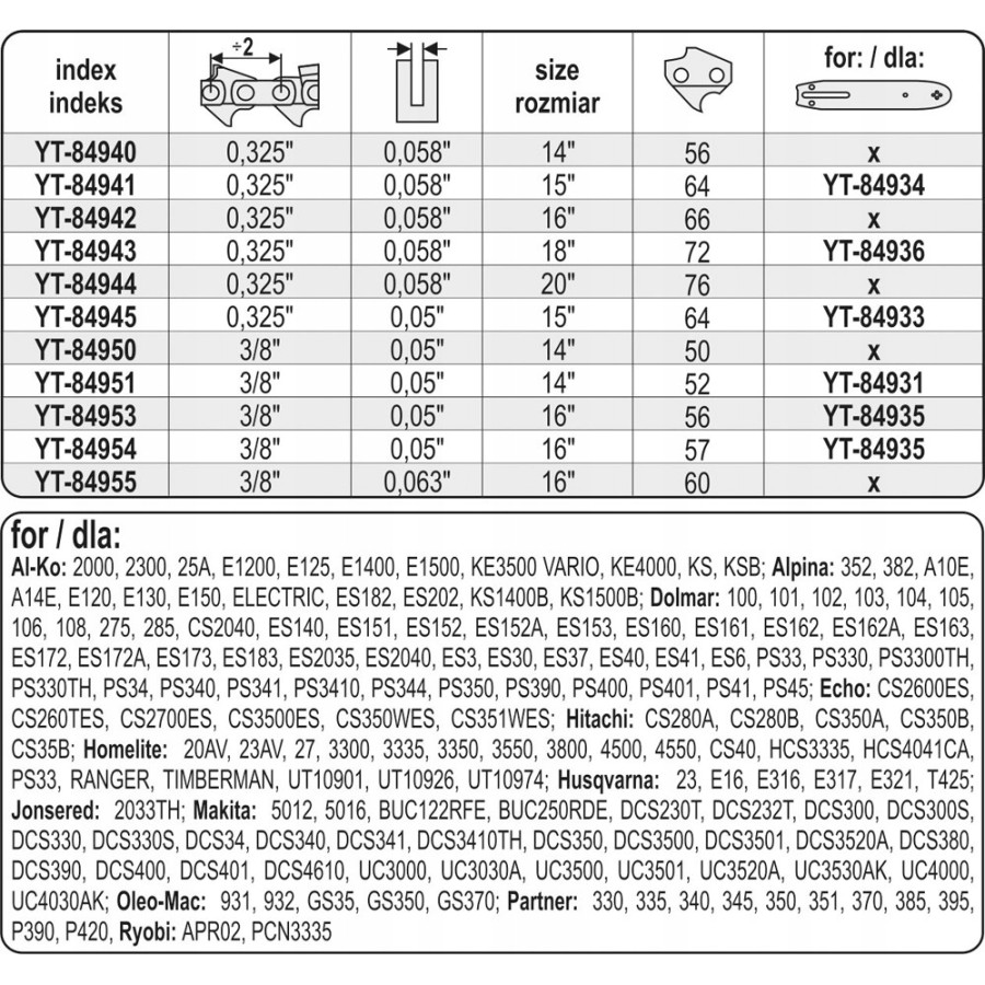 ŁAŃCUCH TNĄCY DO PILARKI 16'' 3/8' 1.3MM 57Z - YT-84954.